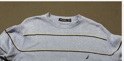 Nautica Sweater Mens Small Blue Striped Crew Neck Pullover Logo Knit Top