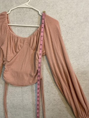Love Tree Shirt Womens Medium Pink Ribbed Scoop Neck Long Sleeve Ruched Crop Top