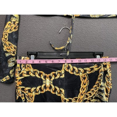 Women’s Off Shoulder Crop Top & Short Set L Black Gold Chain Link Graphic Print