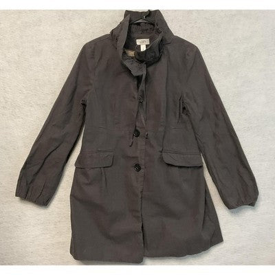 Ann Taylor Loft Trench Coat Womens Medium Gray Twill Ruffle Collar Lined Button