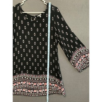 Charlotte Russe Boho Floral Print Knee Length Dress M Black Pink Bell Sleeves