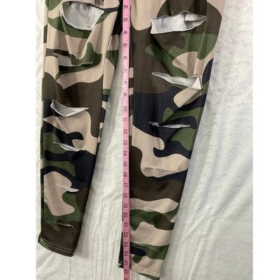 Camo Joggers Women Large Green Distressed Zipper Pocket Streetwear