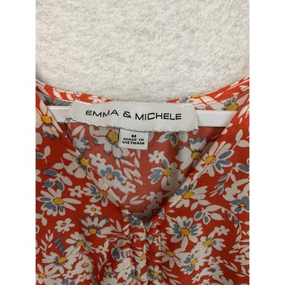 Emma & Michele Dress Womens Medium Red Floral Tiered Short Sleeve V-Neck A-Line