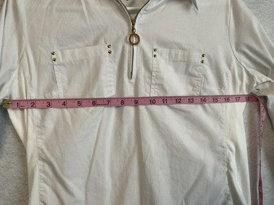 Cathy Blouse Womens Small White Zip Front Roll Tab Sleeve Collared Top