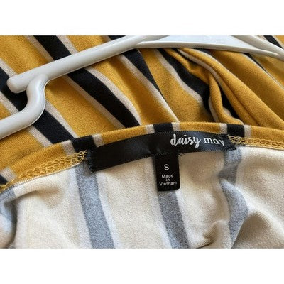 Daisy May Shirt Womens Small Yellow Black Stripe Square Neck Long Sleeve Stretch