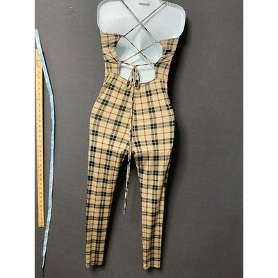 Plaid Sleeveless Jumpsuit Women's Beige & Black, S/XS, Ties in Back, Soft Fab