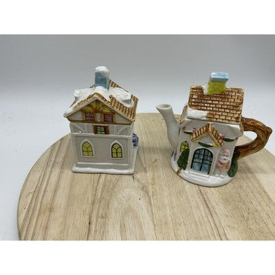 HH Christmas House Teapot Sugar Jar Ceramic Holiday Village Cottage SeT