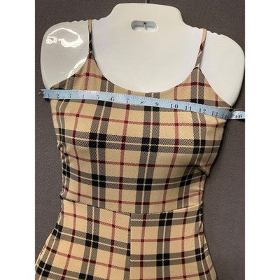 Plaid Sleeveless Jumpsuit Women's Beige & Black, S/XS, Ties in Back, Soft Fab