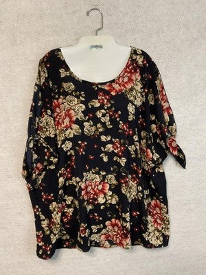 Banabee Shirt Womens 1X Navy Blue Floral Split Sleeve Tunic Blouse Top Boho VTG