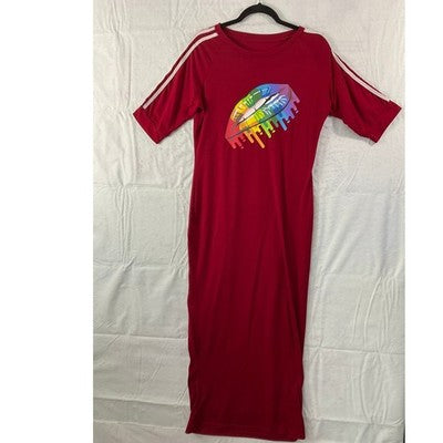Graphic Maxi Dress Women XL Red Rainbow Lips Graphic Sporty Stripe T-Shirt