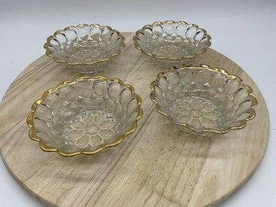 Dessert Bowls Set Of 4 Gold Rim Scalloped Circles Pattern Vintage Clear Glass