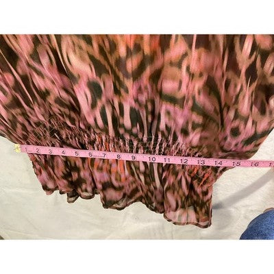 American Rag Blouse Womens Large Pink Brown Abstract Smocked Waist Chiffon Top