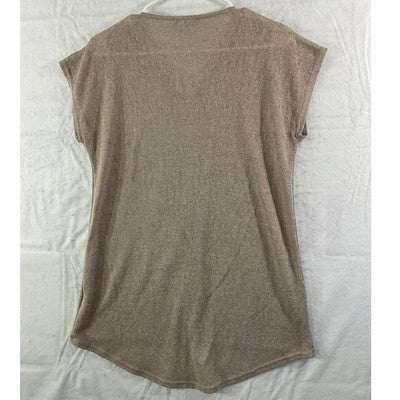 Joan Vass Studio Knit Top Womens Medium Taupe Half Zip Short Sleeve High Low Hem