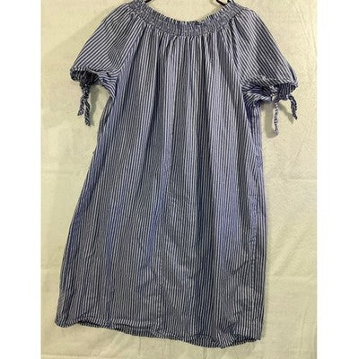 Terra & Sky Shift Dress Women 0X Blue Striped Cotton Smocked Neck Tie Sleeve