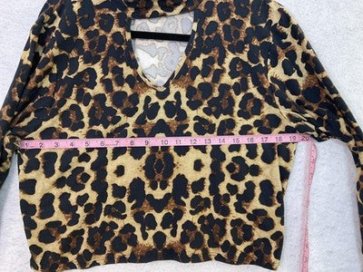 Full Circle Trends Blouse Womens 1X Brown Leopard Mock Neck Long Sleeve Crop