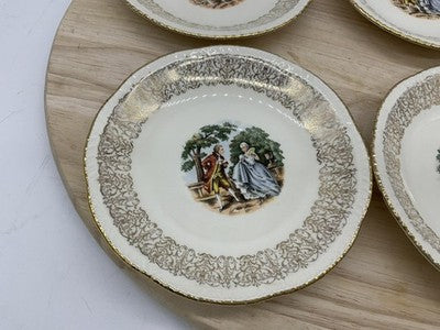 Homer Laughlin Dessert Bowls Set 4 White Gold Courting Couple USA Scene Vintage