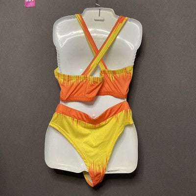 Women's 3Pc Swimsuit XL Yellow Orange Tie Dye Bikini Criss Cross Coverup