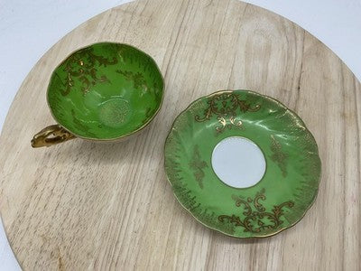 Royal Sealy China Green Luster Tea Cup Saucer Gold Scrollwork Rococo VTG Rare