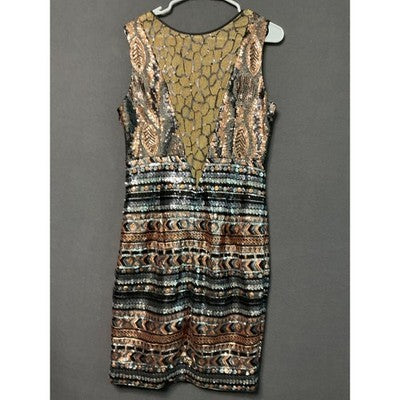 Sequin Midi Dress Side Zip Sleeveless Black Gold Tribal Sm/Med Party NWOT