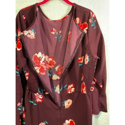 Old Navy Fit & Flare Dress Womens XXL Burgundy Floral Fluted Sleeve Smocked Mini