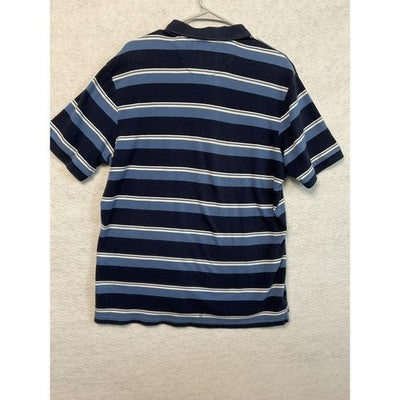 Chaps Polo Shirt Mens Large Navy Blue Striped Cotton Embroidered Crest Logo