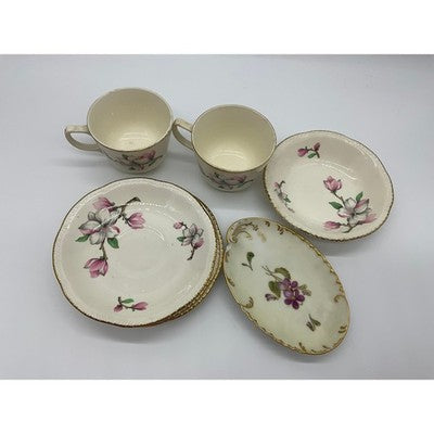 VTG Homer Laughlin Floral Porcelain Tea Set Cups Saucers Bowl Trinket Dish