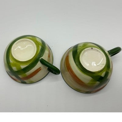 Vintage Tea Cups Unisex OS Green Orange Plaid Hand Painted Ceramic Set 2 Mug