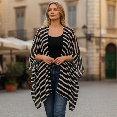 Kimono Wrap Top Coverup Women One Size Black White Striped Open Front Sheer