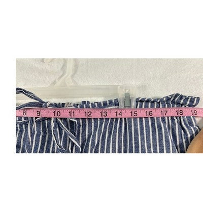Striped Linen Blend Pants Womens XL Blue White Paperbag Waist Tapered