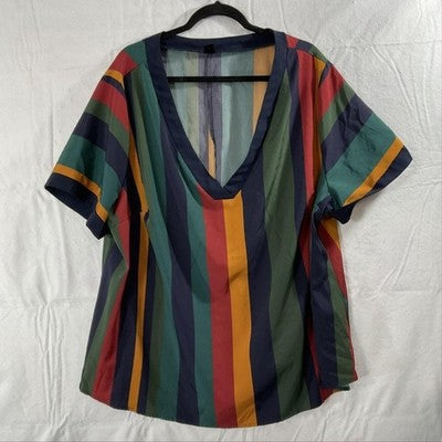 SHEIN FIT+ Blouse Womens 24/26 Multicolor Stripe V Neck Tunic Top Plus Size