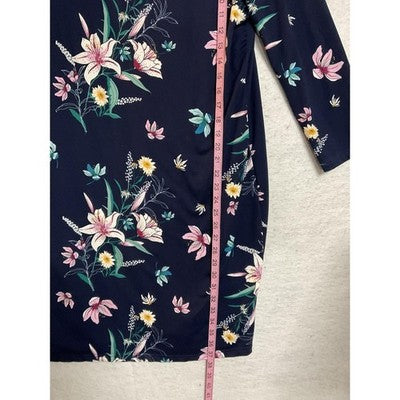 Serra Dress Womens Large Navy Blue Floral 3/4 Sleeve V Neck Shift Stretch Jersey