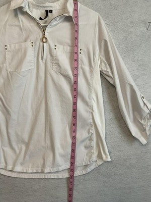 Cathy Blouse Womens Small White Zip Front Roll Tab Sleeve Collared Top