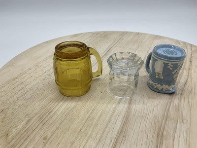 Vintage Wedgwood Shot Glasses Set Of 3 Mini Mugs Blue Clear Amber Glass Handles