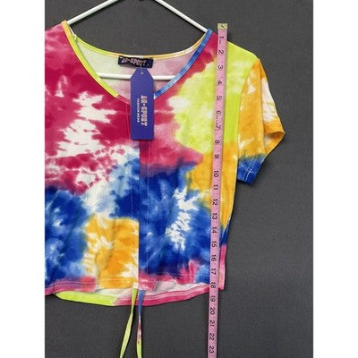 AQ Sport Shirt Shorts Set Womens Large Tie Dye Rainbow Crop Top Lounge Two Piece