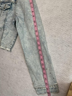 PAOLA RIBONI Jacket Womens Large Blue Rhinestone Distressed Cropped Denim Y2k