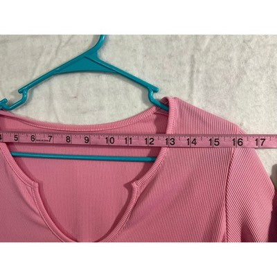 Ribbed Long Sleeve Top Womens Large Pink Notch Neck Cropped Shirt