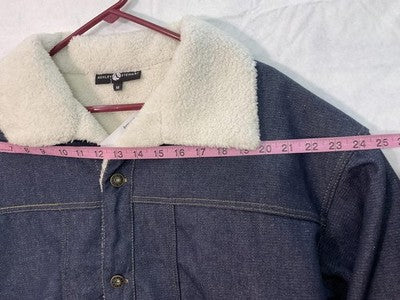 Ashley Stewart Jacket Womens Medium Blue Denim Sherpa Collar Lined Warm Winter