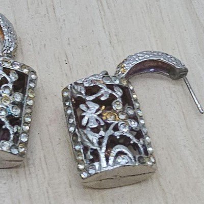 Silver Tone Rectangle Dangle Earrings Womens Rhinestone Floral Drop Jewelry
