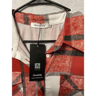 Ninedaily Shirt Womens 2XL Red White Plaid Button Up Tunic Top Pockets Casual
