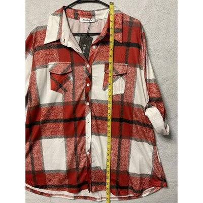 Ninedaily Shirt Womens 2XL Red White Plaid Button Up Tunic Top Pockets Casual