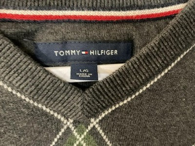 Tommy Hilfiger Mens Sweater Large Gray Argyle V Neck Pullover Knit Top Logo