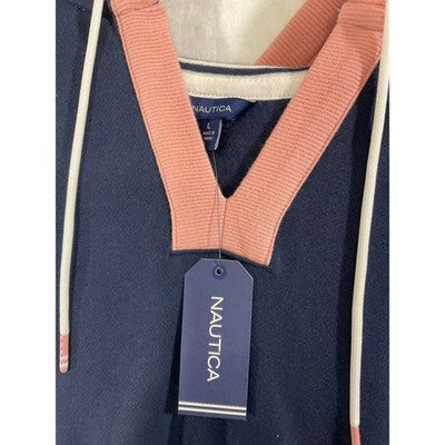 Nautica Hoodie Dress Womens Large Navy Blue Striped Sleeve Logo Hem 07D922 NEW