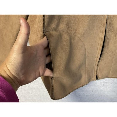 Chico's Design Jacket Womens Large 2 Tan Faux Suede Zip Black Collar Pockets