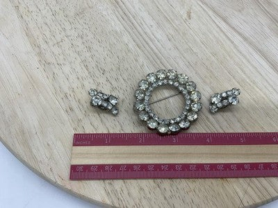 Vintage Rhinestone Brooch Clip On Earrings Set Silver Tone Round Circle Bridal