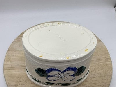 GM Hall Pottery Planter Oval Flower Pot Blue White Floral Handpainted Planter