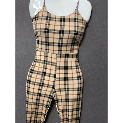 Plaid Sleeveless Jumpsuit Women's Beige & Black, S/XS, Ties in Back, Soft Fab