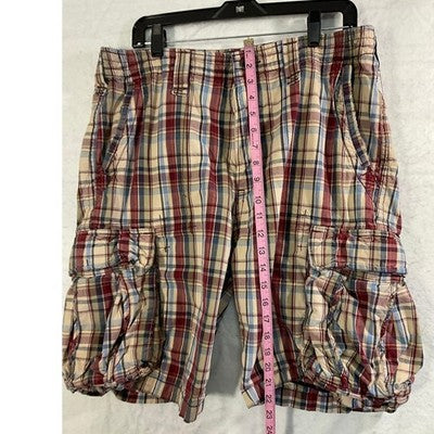 Nautica Cargo Shorts Mens 36 Red Blue Tan Plaid Cotton Relaxed Utility Pockets