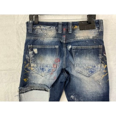 Smoke Rise Moto Jeans Men 32 Blue Distressed Paint Splatter Biker Denim Grunge