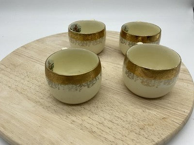 Vintage Sabin Crea-O-Gold Tea Cups Set Of 4 Beige 22K Gold Trim Pictorial Scene