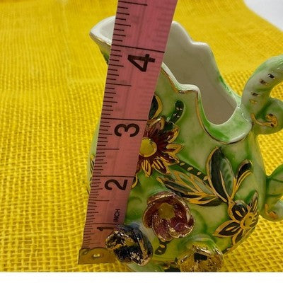 Creamer Pitcher Unisex 4" Green Floral 3D Applied Gold Trim Bud Vase Retro